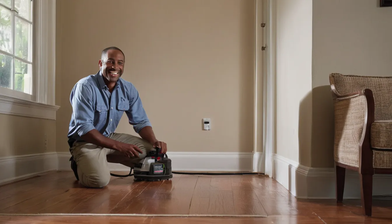 A friendly provider kneeling to inspect a baseboard in a Wilmington home